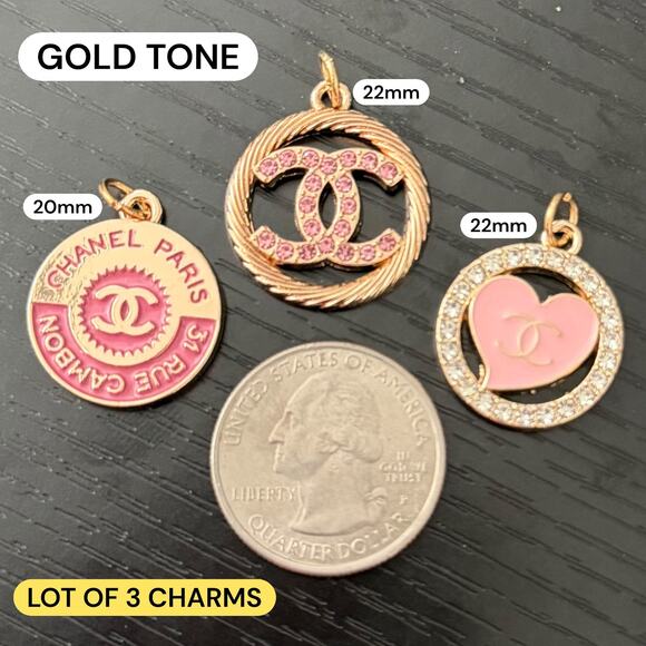 Lot of 3 Pink CC Round Gold Tone Zipper Pull Button Charms - Picture 1 of 2